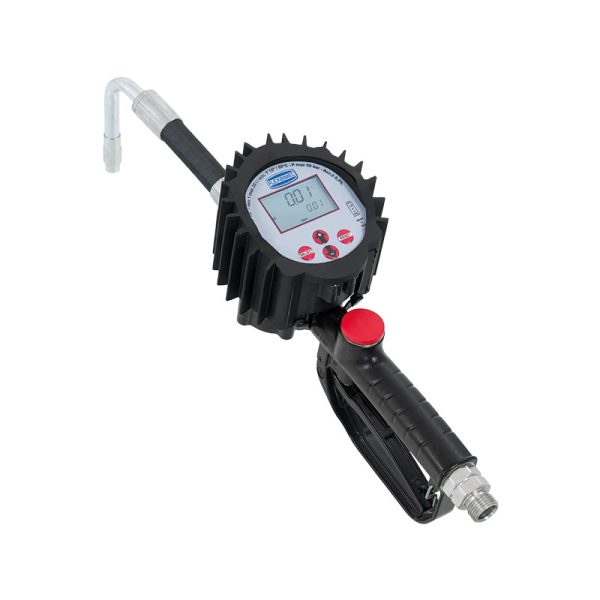 Electronic oval gears flow meter for oil, series "4TT - MARS" with flexible rubber outlet, curved rigid 80° stem