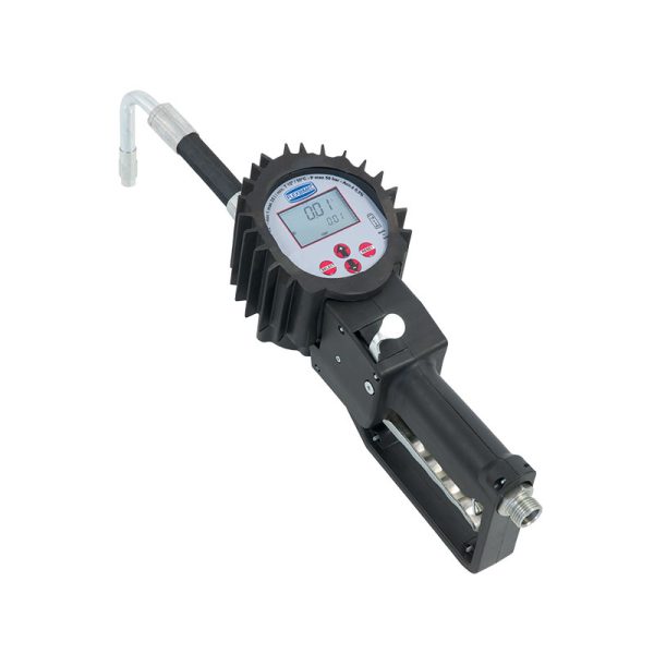 Electronic oval gears flow meter for oil, series "4TT - MERCURY" with flexible rubber outlet, curved rigid 80° stem - with PRESET function