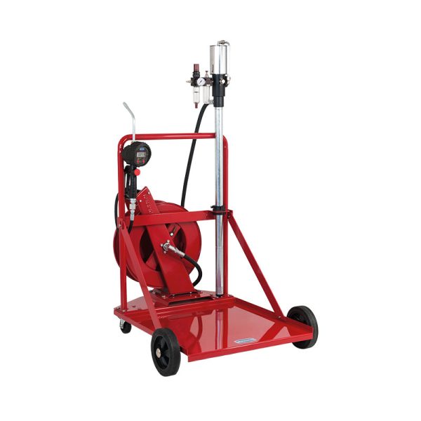 Mobile oil dispensing system for 208 l drums with 4 wheeled trolley, hose- reel and digital meter gun art. no. 2962