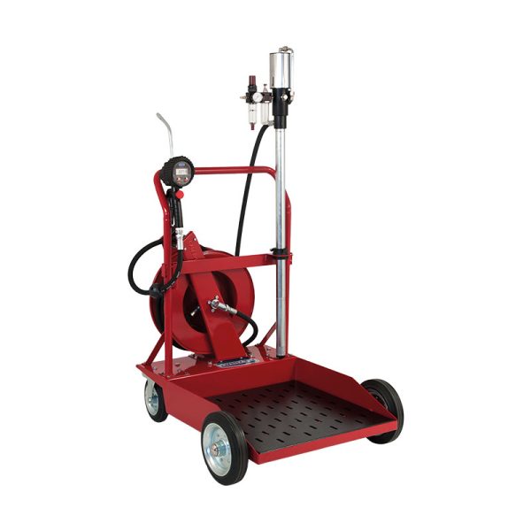 Mobile oil dispensing system for 208 l drums with heavy duty wheeled trolley, digital meter art. no. 2962 and hose reel