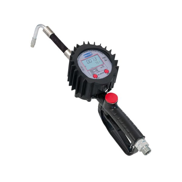 Electronic oval gears flow meter for oil, series "2TT - NEPTUNE" with flexible rubber outlet, curved rigid 80° stem