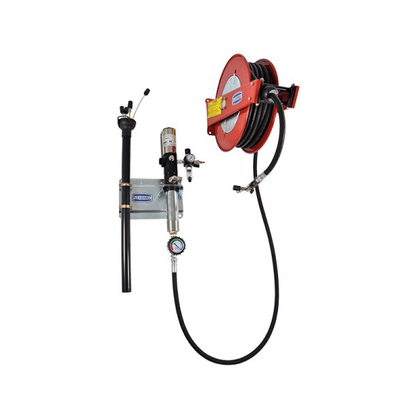 Wall mounted drain assembly kit for waste oil diesel hydraulic oil with standard air-operated pump, cabinet hose reel with Ø 1/2", 10 m…