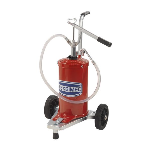 Hand operated oil pump on 16 l drum and trolley with 2 wheels