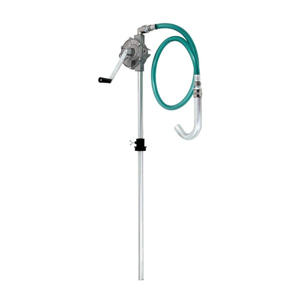 Rotary hand operated pump for oil and diesel, flow rate 23 l/min, with hose and anti-drip