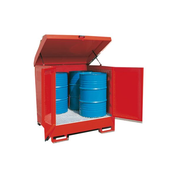 Outdoor container galvanized steel for stocking of 1 drum of 208 l of oils and greases - top cover opening, doors can be locked