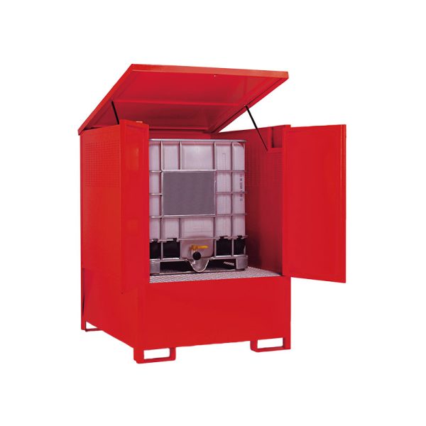 Outdoor container galvanized steel for stocking of one 1000 l - IBC - tank - top cover opening, doors can be locked