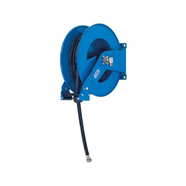 Automatic rewind, spring-driven hose reel, in painted steel, with wetted parts (swivel joint and internal fluid shaft) in stainless steel…