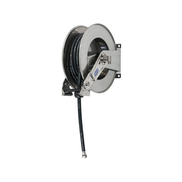 Spring driven stainless steel hose reel multi pos. guide with hose Ø 1", L. 8 m for diesel