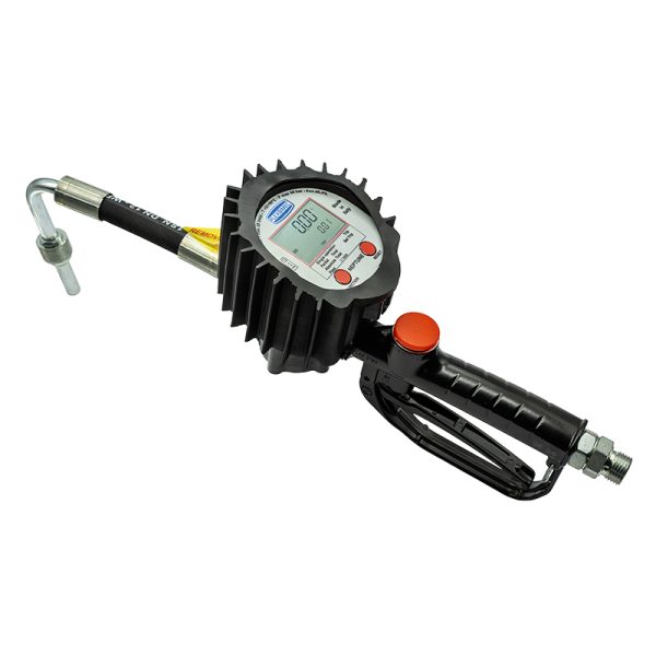 Electronic oval gears flow meter for oil, series "2TT - NEPTUNE" with flexible rubber outlet, curved rigid 80° stem