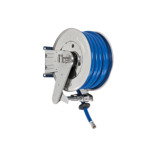 Stainless steel (AISI 304) automatic spring-driven hose reel ANDROMEDA series for max 15 mt Ø1/2" hose - disc 434 mm - spool 130 mm - drum…