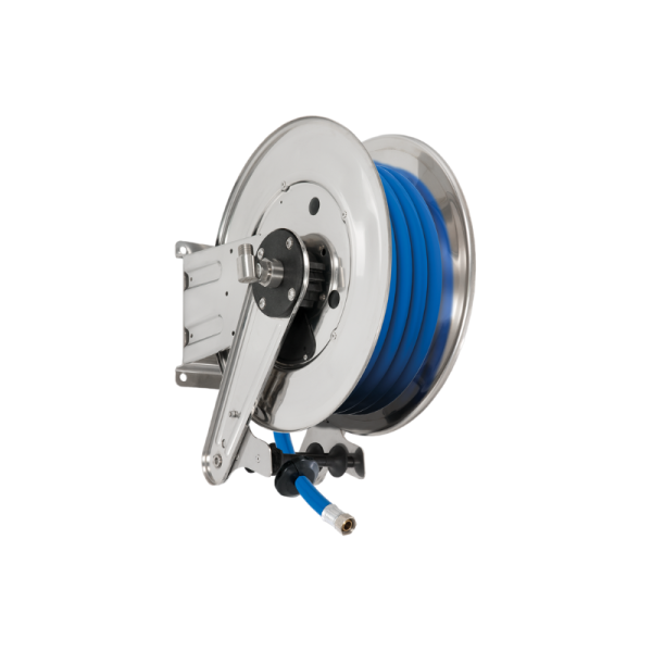 Stainless steel (AISI 304) automatic spring-driven hose reel ANDROMEDA series for max 15 mt Ø1/2" hose - disc 434 mm - spool 130 mm - drum…