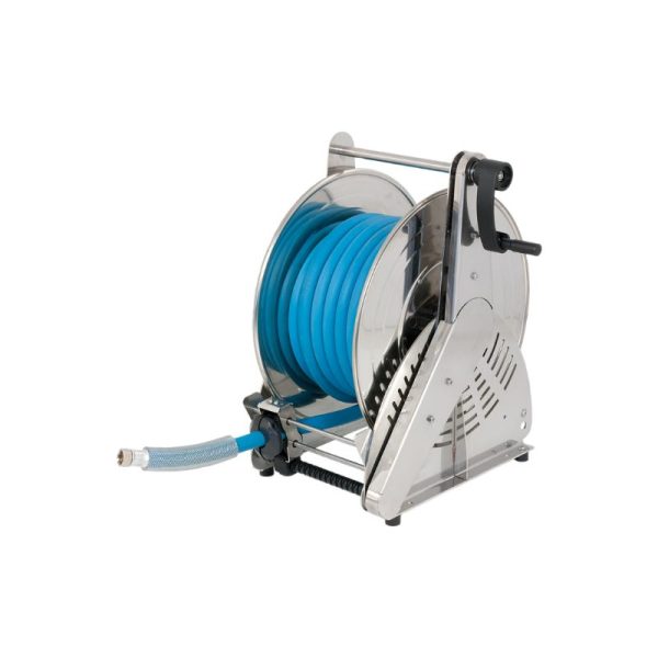 Stainless steel (AISI 304) manual hose reel ORION HEAVY DUTY series for max 40 mt Ø1/2" hose - disc 434 mm - spool 260 mm - drum 250 mm…