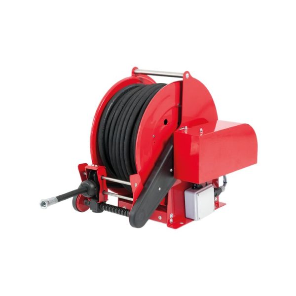 Painted steel electric 12 VDC motor-driven hose reel SIRIO series for max 40 mt Ø1/2" hoses - disc 434 mm - spool 260 mm - drum 250 mm…
