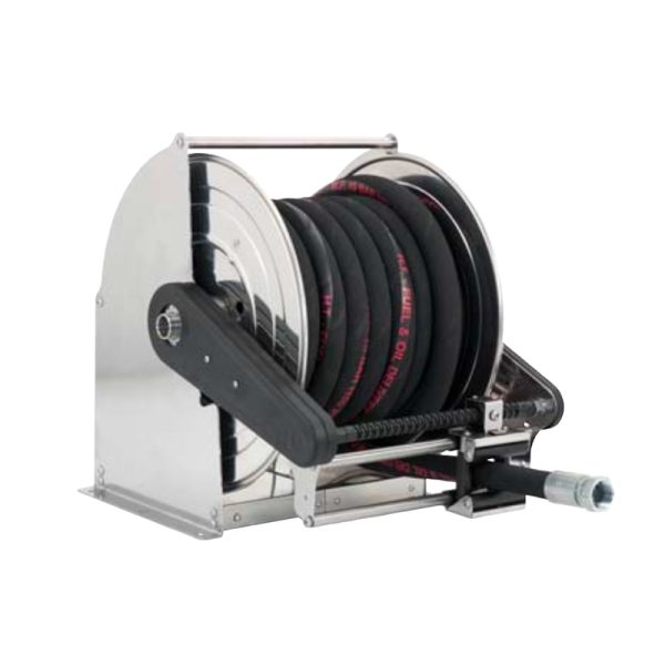 Stainless steel (AISI 304) automatic spring-driven hose reel TITANO series for max 35 mt Ø1" hose - disc 600 mm - spool 400 mm - drum 335…