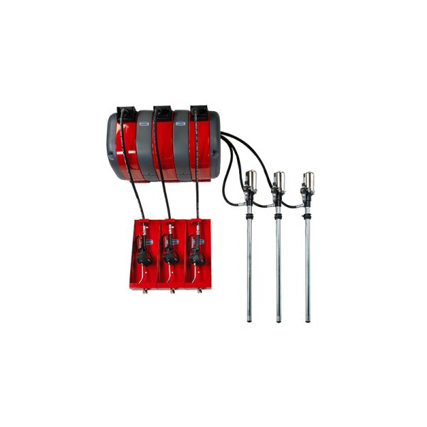 Stationary pneumatic oil dispensing kit equipped with air operated pumps, hose reels art. no. 9013, plastic casing elements, flexible hose…