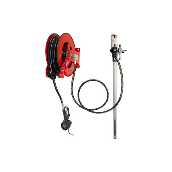 Oil distribution fixed unit with pump, hose reel art. no. 9090, hoses, digital oil meter gun art. no. 2962, pressure regulator