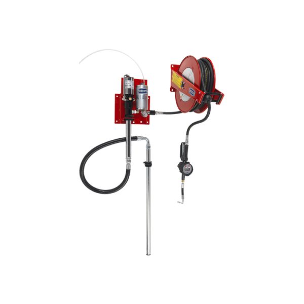 Stationary pneumatic oil dispensing kit equipped with pneumatic pump, hose reel art. no. 9016, digital meter gun art. no. 2962