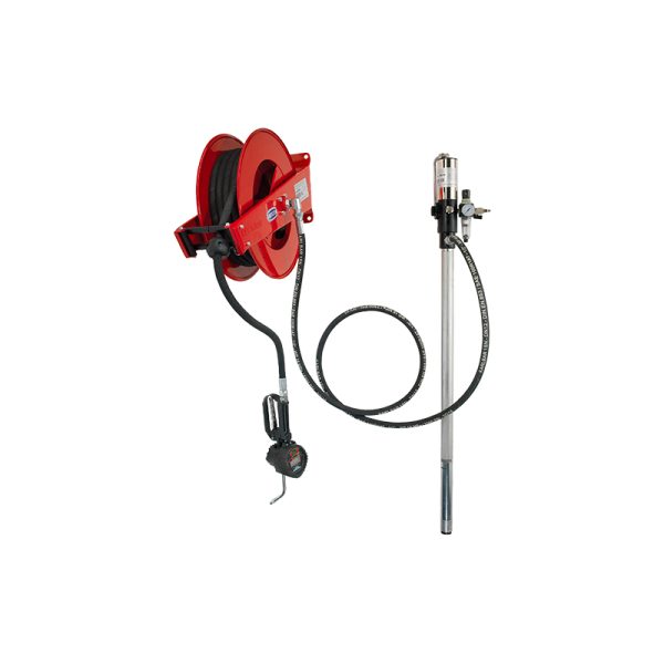 Oil distribution fixed unit with pump, hose reel art. no. 9016, hose 15 m length, digital oil meter gun, pressure regulator