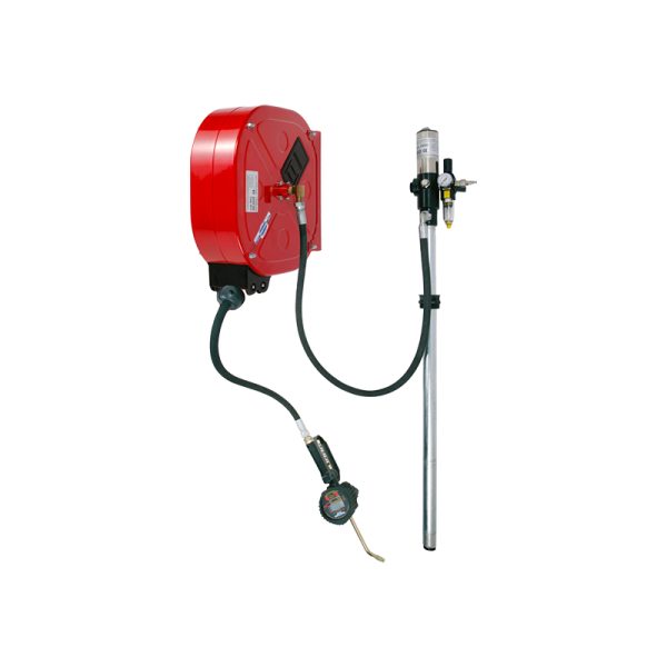 Oil distribution fixed unit with pump, hose reel art. no. 9013, hose 15 m length, digital oil meter gun art. no. 2962, pressure regulator