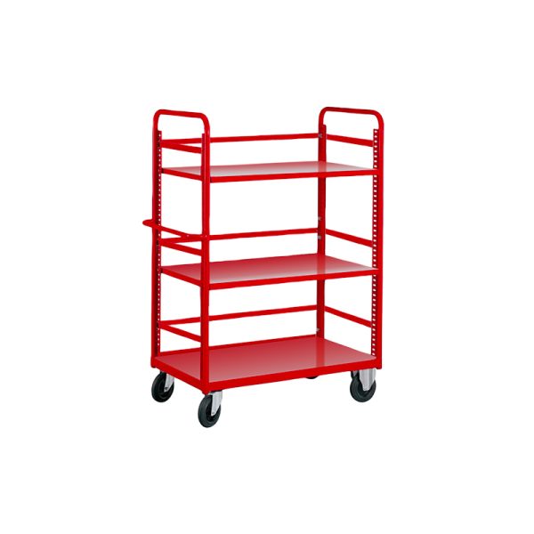 Trolley with 3 edges and central shelves in sheet metal, 4 wheels