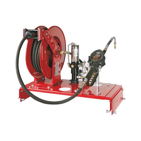 Pneumatic oil kit with bracket for 1000 l steel stocking tank with hose-reel and 15 m hose