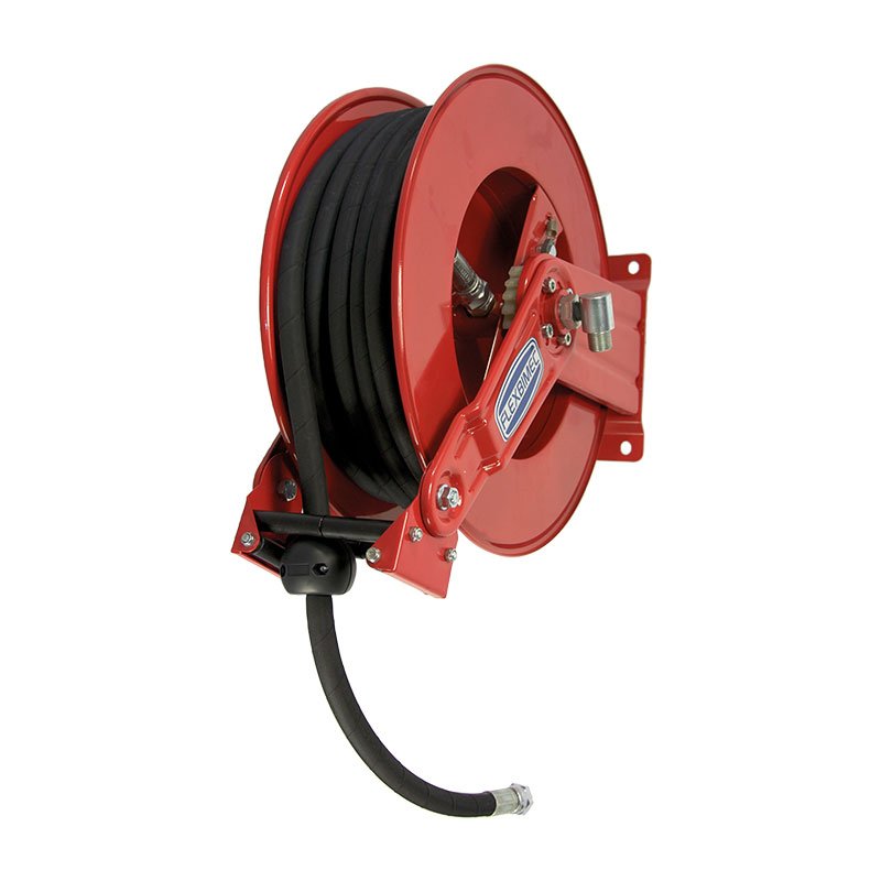 Spring driven painted steel hose reel multi pos. guide with hose Ø 1/2" - L. 20 m for oil and antifreeze