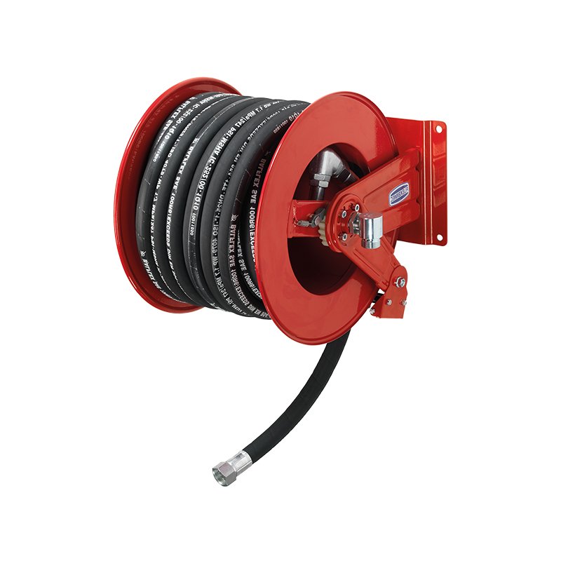 Spring driven painted steel hose reel multi pos. guide, with hose Ø 3/4", L. 18 m for diesel