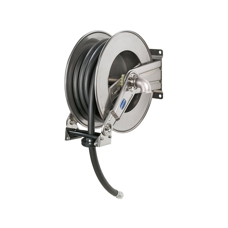Twin spring driven stainless steel hose reel - adjustable arm series, with hose ø 1 1/4", L. 8 m for diesel
