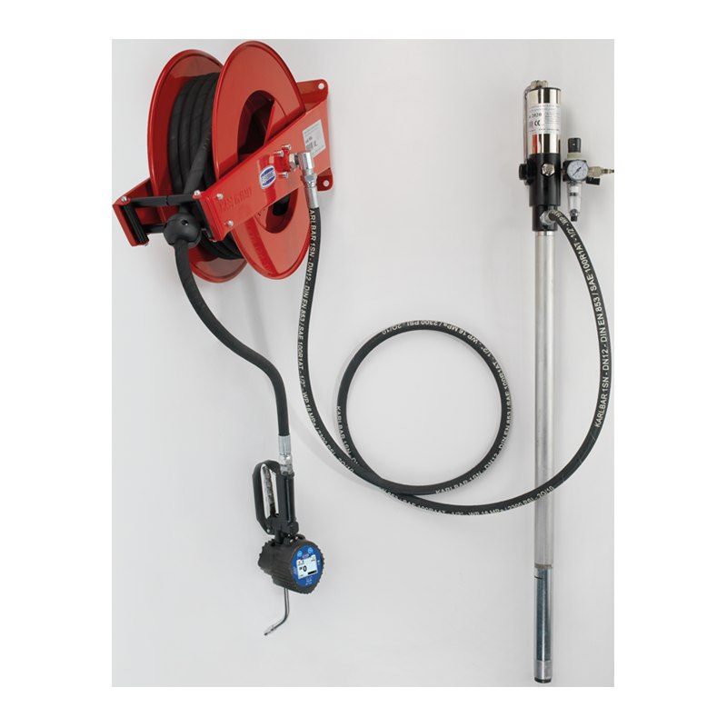 Oil distribution fixed unit with pump, hose reel art. no. 9011, hose 10 m length, digital oil meter gun, pressure regulator