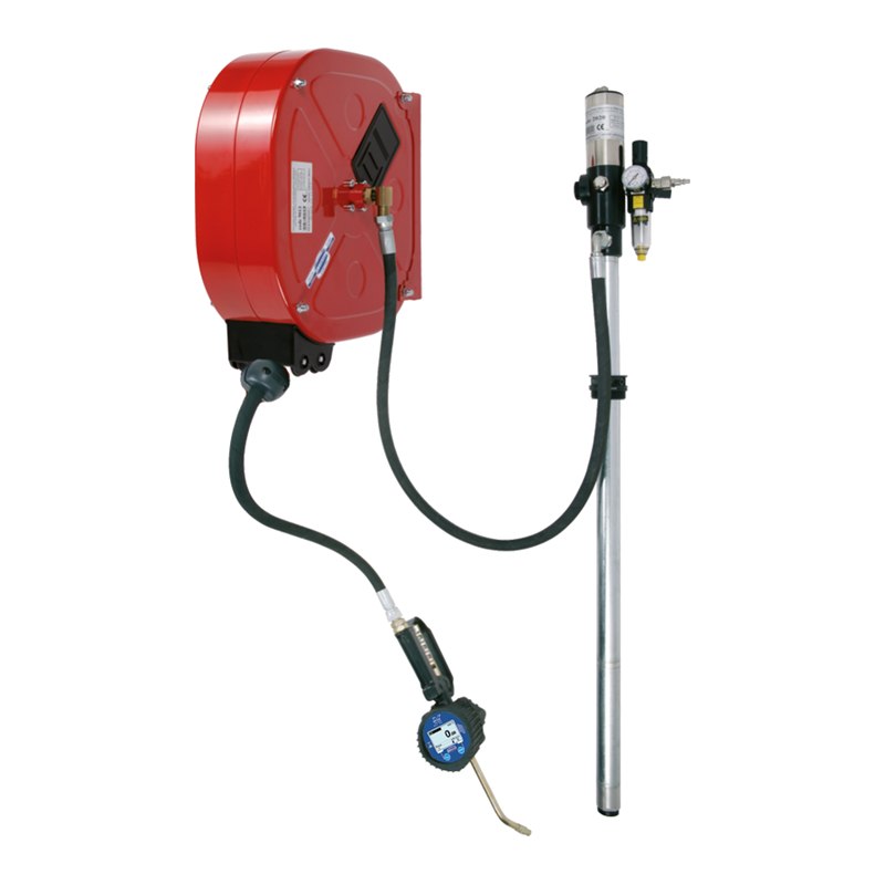 Oil distribution fixed unit with pump, hose reel art. no. 9010, hose 10 m length, digital oil meter gun art. no. 2962, pressure regulator