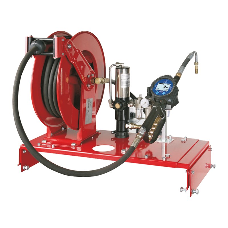 Pneumatic oil kit with bracket for 1000 l steel stocking tank with hose-reel and 10 m hose