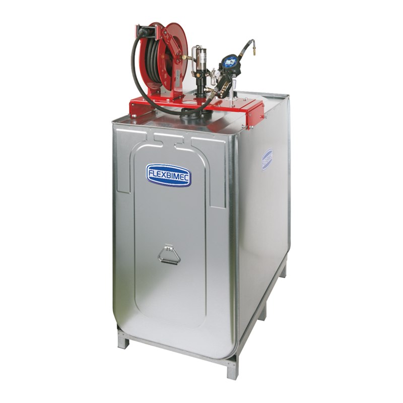 Pneumatic oil kit with bracket for 1000 l steel stocking tank with hose-reel and 15 m hose